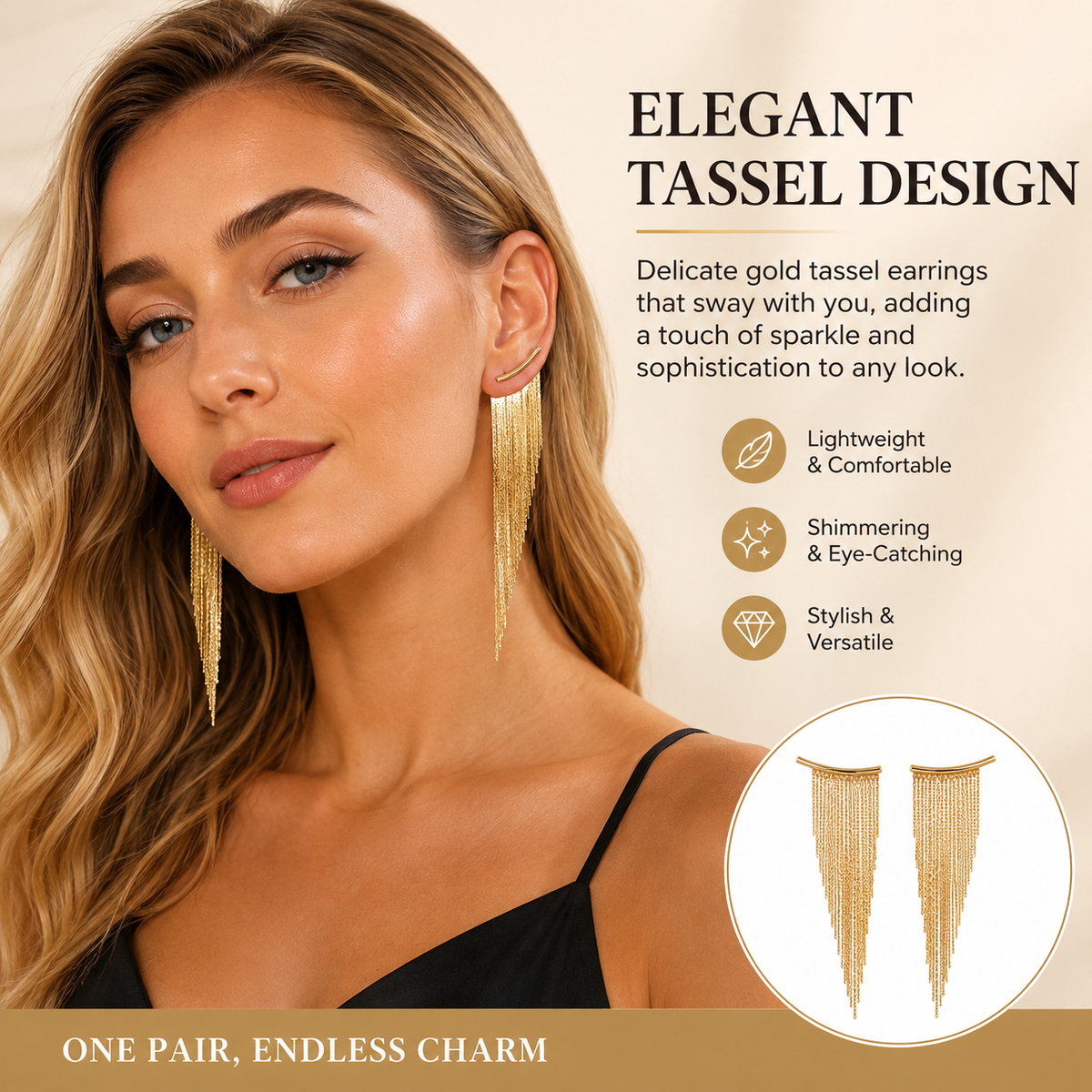 1 Pair of Fashionable and Trendy Golden Tassel Stud Earrings, Shining Daily Party Jewelry for Women