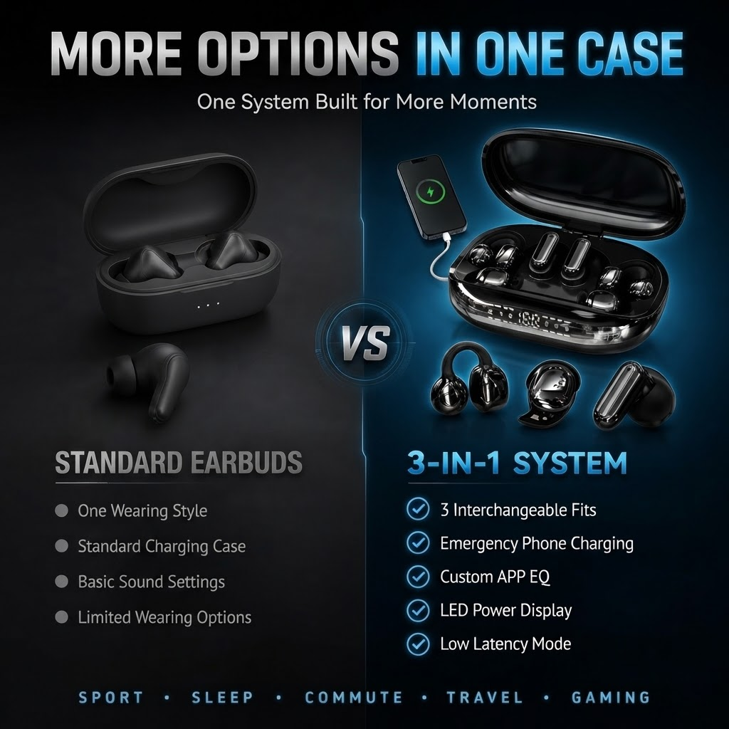 3-in-1 Bluetooth Wireless Earbuds with Chargeable Power Bank Case Interchangeable Clip-On