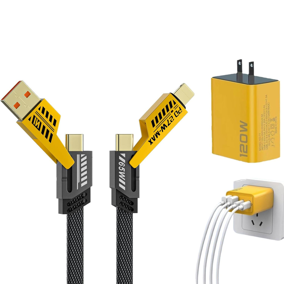 120W Dual USB & Dual Type-C Fast Charger, 4 in 1 Fast Charging C Chargers 5 Foot