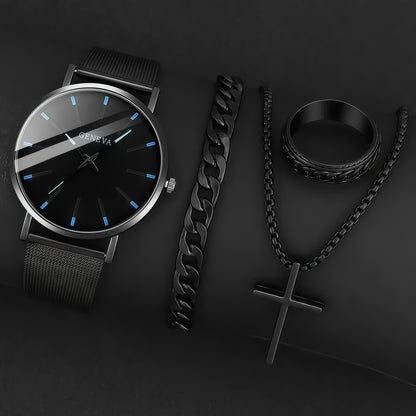 Men's 4-Piece Minimalist Quartz Watch Jewelry Set - Includes Bracelet, Necklace, Ring, Elegant Gift Box