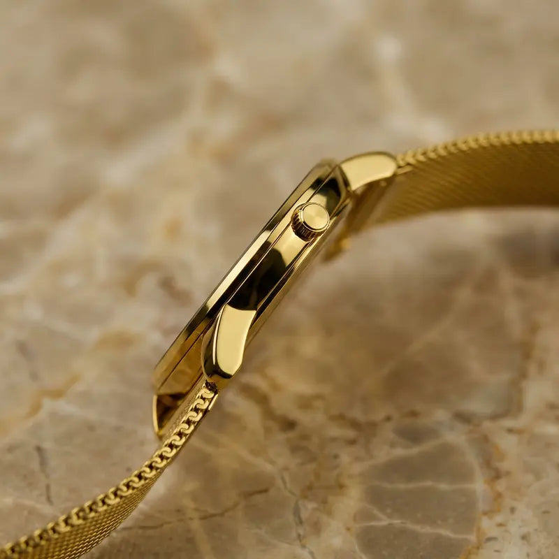 Elegant Minimalist Gold Watch for Women Stainless Steel Mesh Band