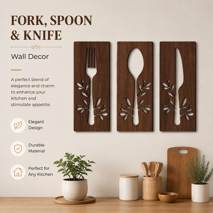 3Pcs Wooden Kitchen Signs: Fork, Spoon, Cutter, Eat - Decorations for Kitchen, Dining Room, Restaurant, Coffee Shop
