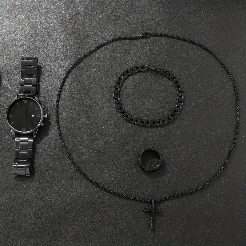 Men's 4-Piece Minimalist Quartz Watch Jewelry Set - Includes Bracelet, Necklace, Ring, Elegant Gift Box