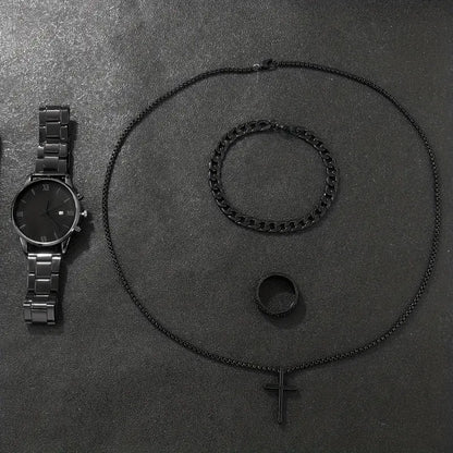 Men's 4-Piece Minimalist Quartz Watch Jewelry Set - Includes Bracelet, Necklace, Ring, Elegant Gift Box
