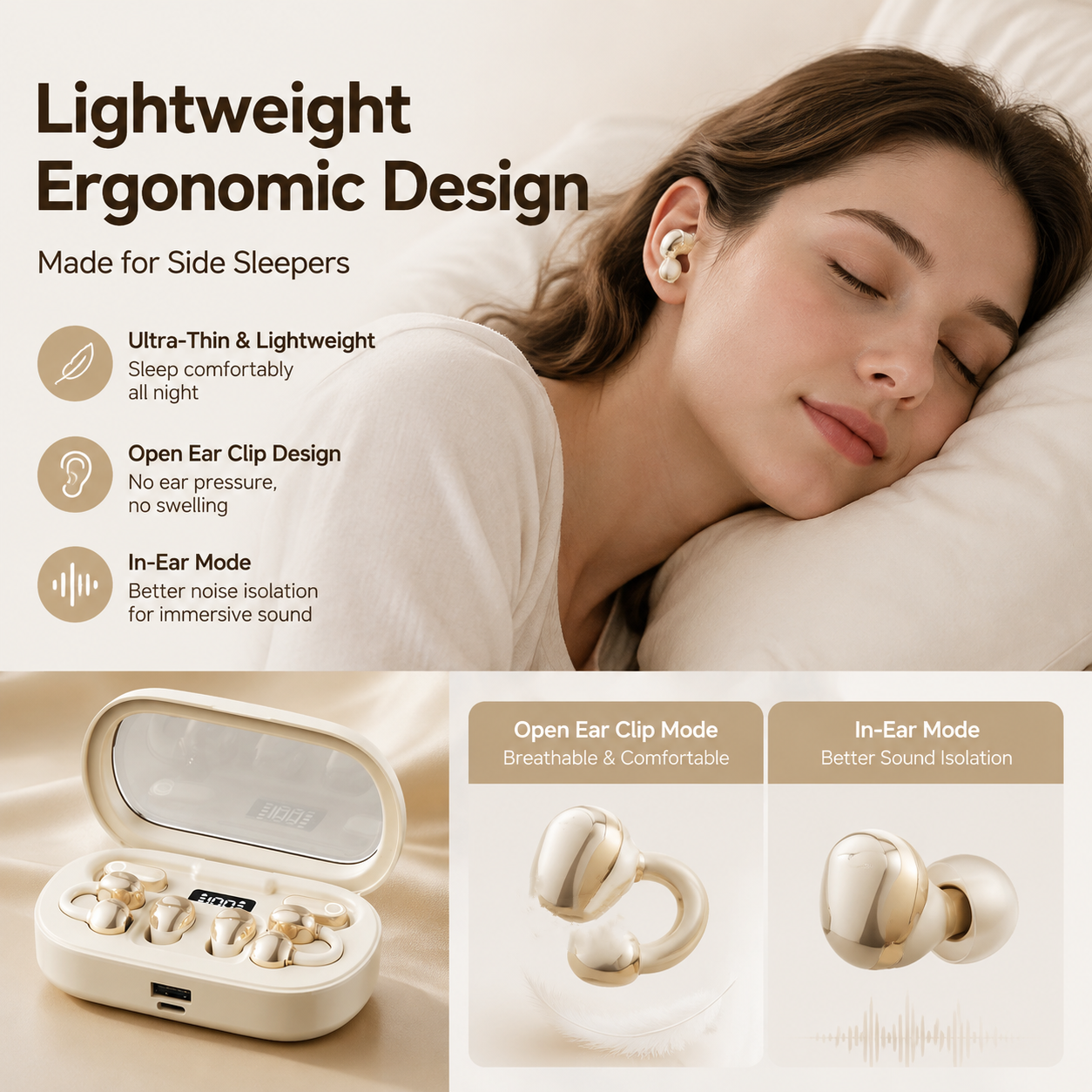 3-in-1 Wireless Earbuds,Open Ear Clip-on, in-Ear & Sleep Earbuds Bluetooth Headphones with Multi-Wear Design