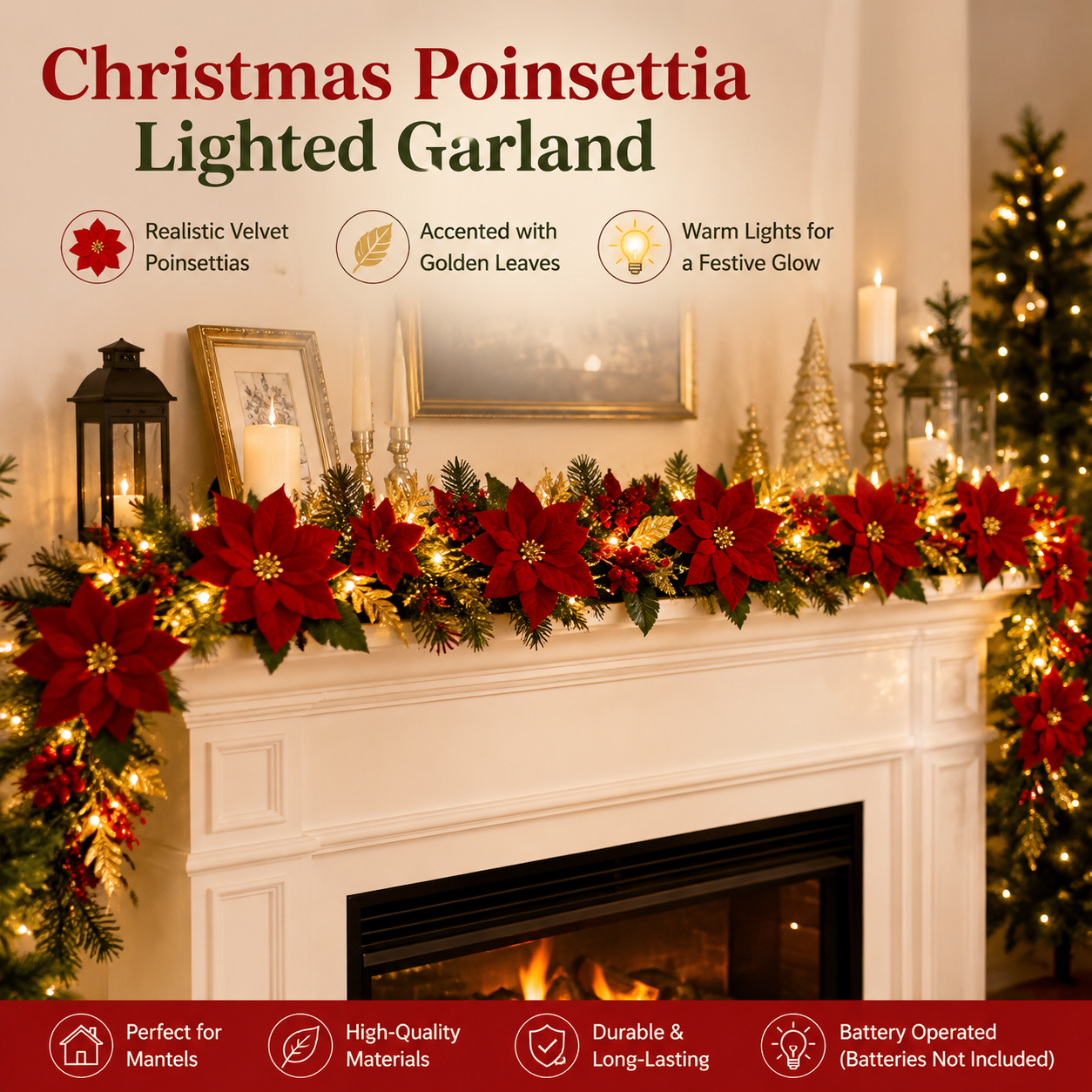 Christmas Garland with Red Berries for Home Decor, Christmas Trees, and Staircases With LED String Lights