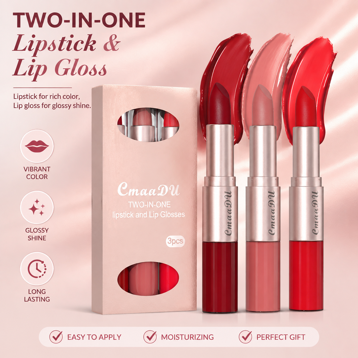 3Pcs/Set Two-in-one Lipstick and Lip Gloss Waterproof, Long-lasting, Multi-functional