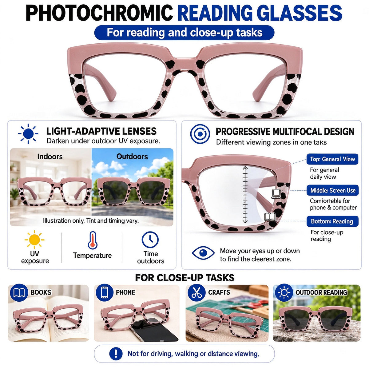 Unisex Progressive Multifocal Photochromic Reading Eyeglasses, UV-Protective Photochromic Lenses