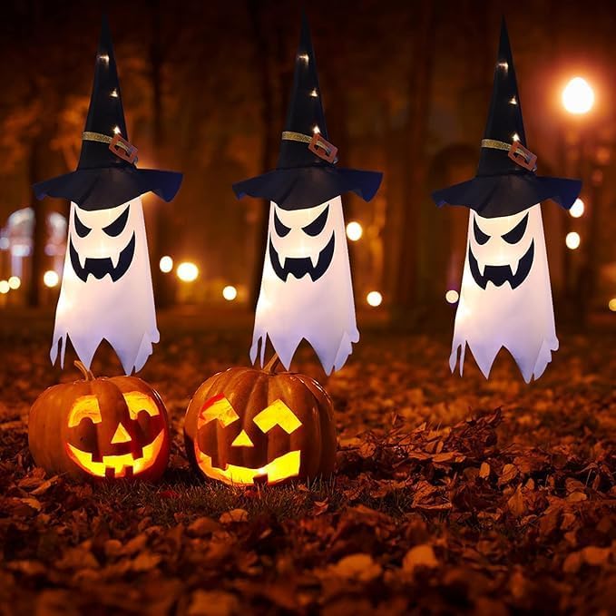 3Pcs Halloween Hanging Lighted Glowing Ghost Witch Hat Indoor Outside Ornaments