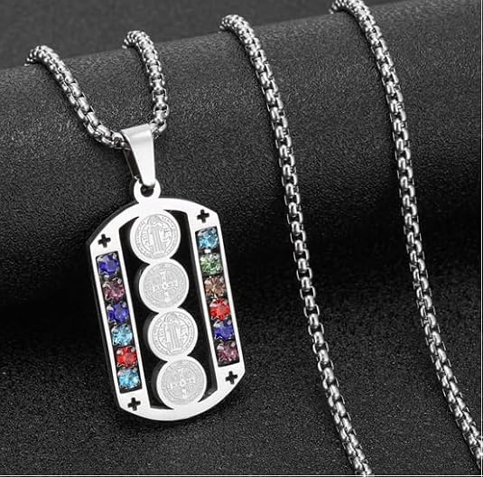 Crystal Saint Benedict Pendant Necklace Silver Color Christian Necklaces Jewelry