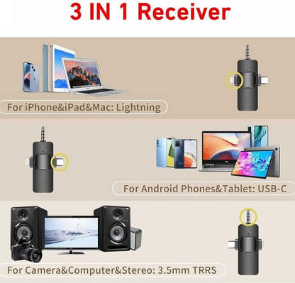 3 in 1 Wireless Lavalier Microphone for iPhone/Android/Camera,328ft Transmission, 18H Battery Life