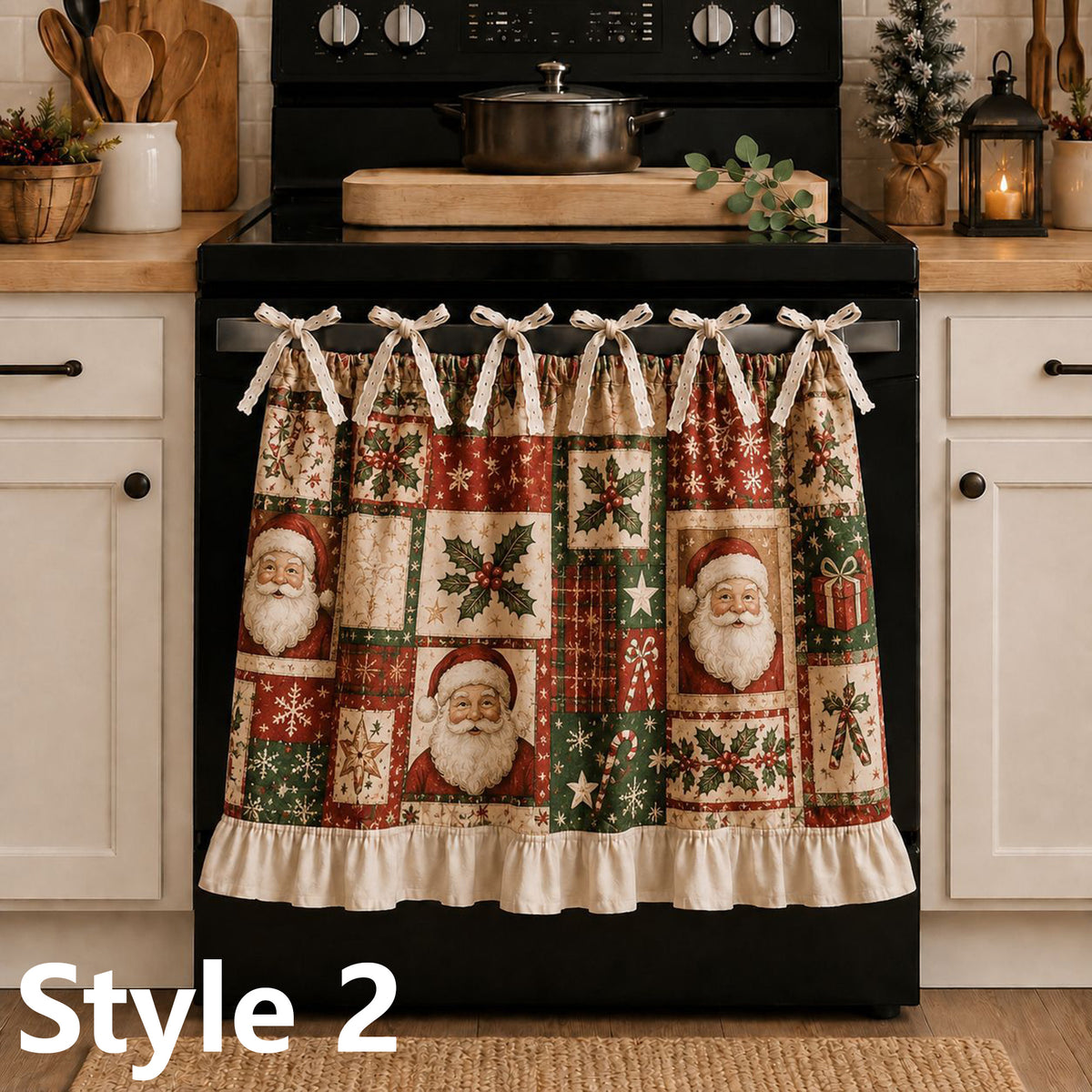 Christmas Stove Skirt, Patchwork Oven Curtain with Bow Tie Ties