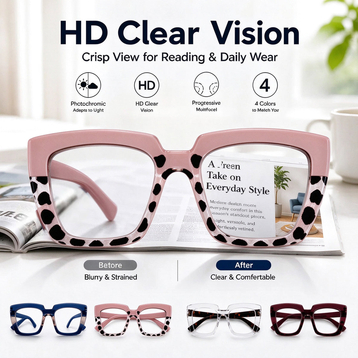 Unisex Progressive Multifocal Photochromic Reading Eyeglasses, UV-Protective Photochromic Lenses