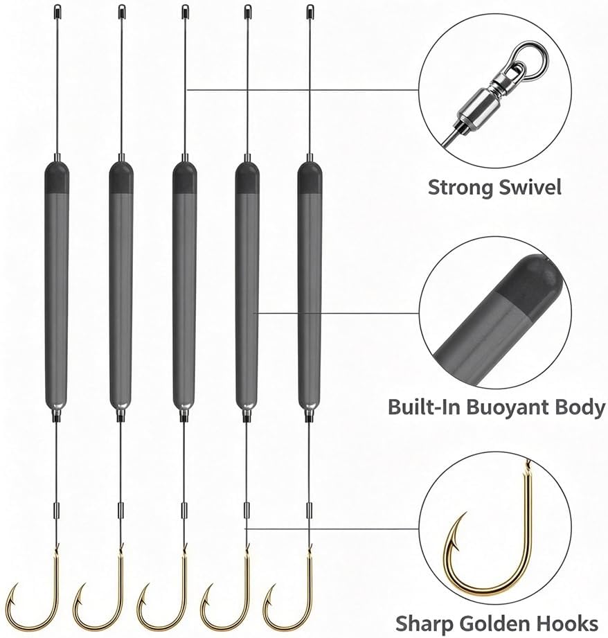 5Pcs Pre-Tied Off Bottom Fishing Rig Anti‑snag Floating Hook Leaders, Suspension Fishing Hair Rigs Hooks
