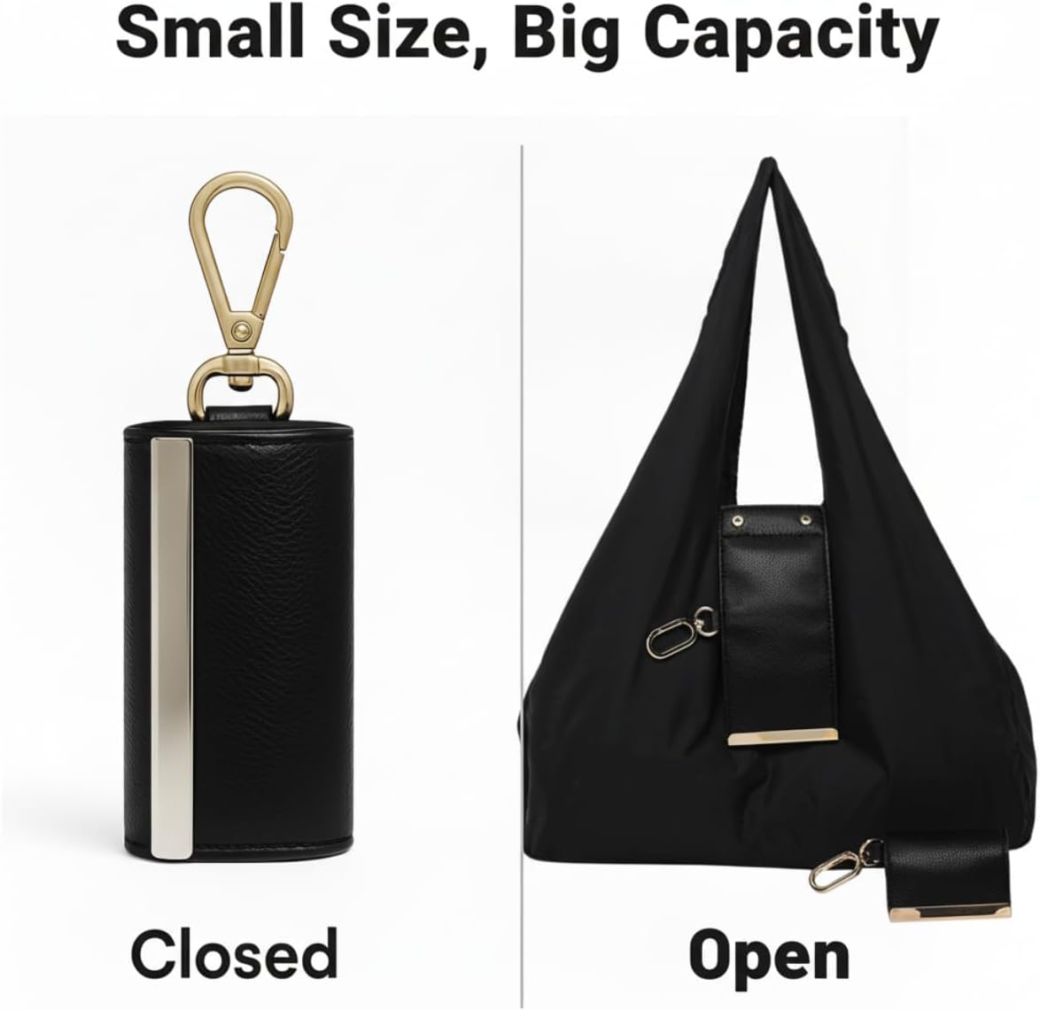 Foldable Keychain Tote Bag, Expandable Leather Mini Bag with Key Ring