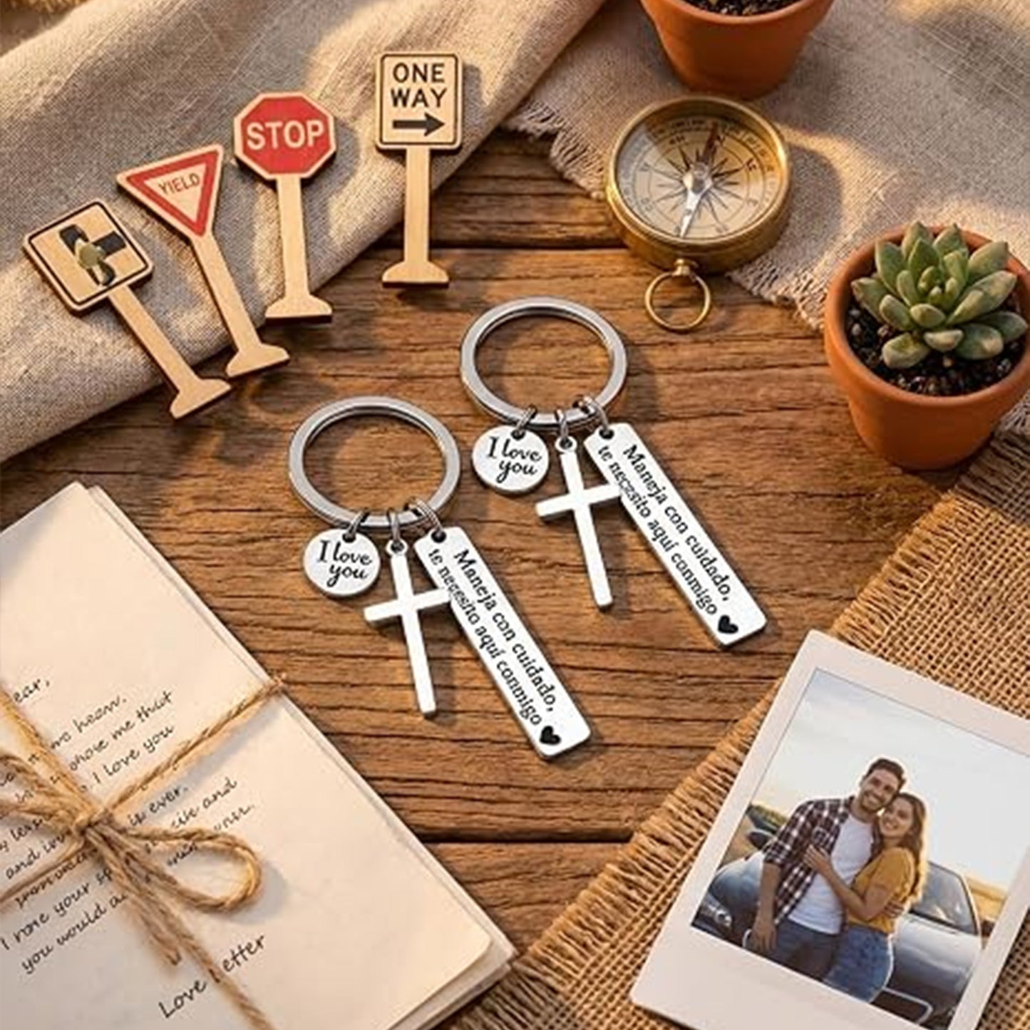 2Pcs Maneja Con Cuidado Te Necesito Aquí Conmigo Keychain, Drive Safe Keychain with Cross & I Love You Charm