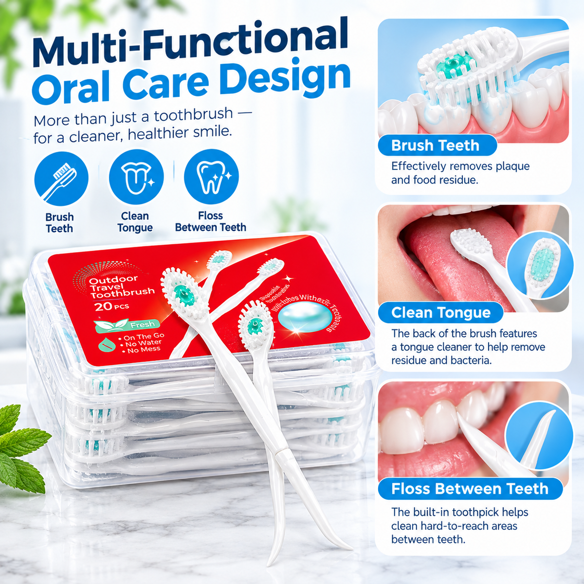 20Pcs 4 in 1 Disposable Mini Travel Toothbrushes-Mini Disposable Toothbrushes