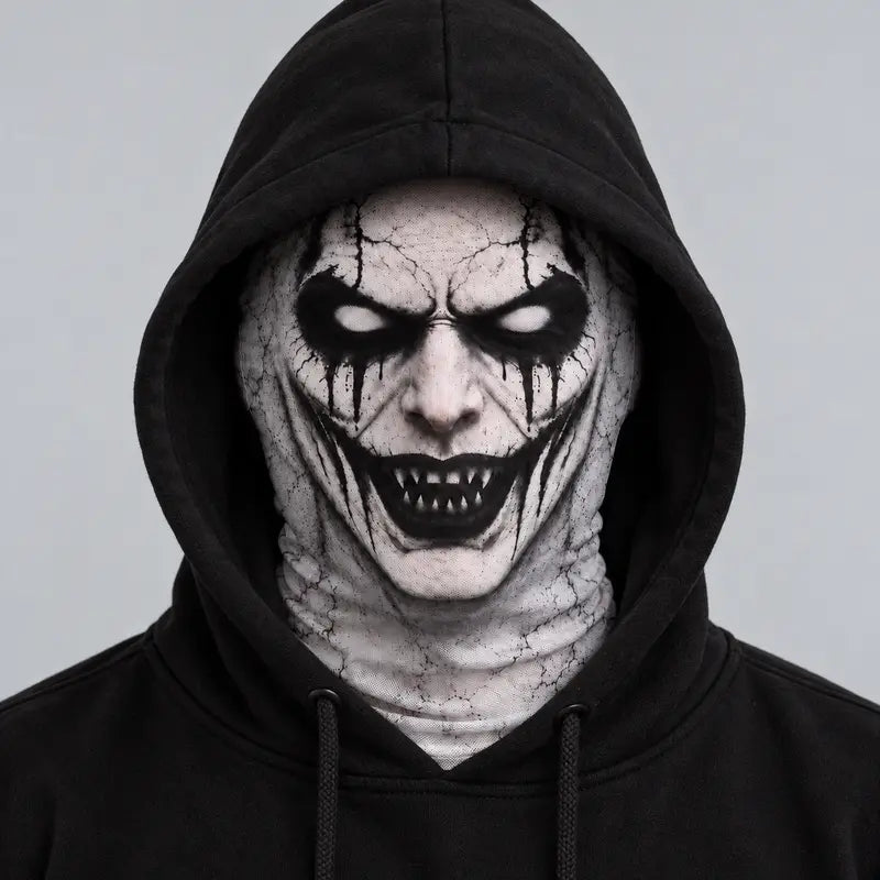 Flat Print Cracked Demon Balaclava, Creepy Grinning Fangs Full Face Hood Mask