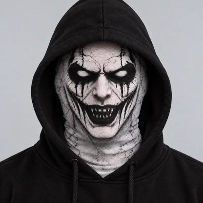 Flat Print Cracked Demon Balaclava, Creepy Grinning Fangs Full Face Hood Mask