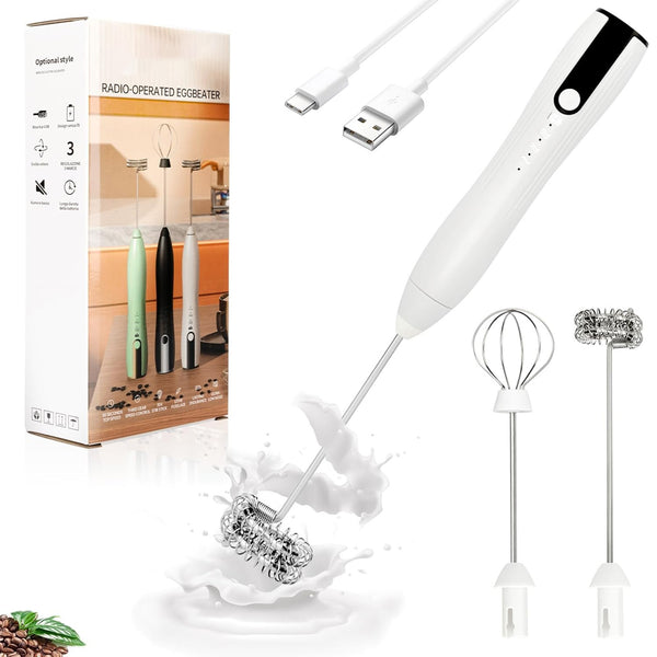 Double Whisk Milk Frother Handheld USB-C Rechargeable Electric Drink Mixer,3 Speeds Adjustable