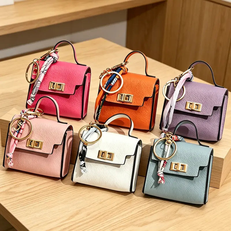 Mini Leather Square Bag Pendant Keychain with Colorful Strap