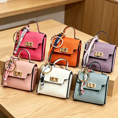 Mini Leather Square Bag Pendant Keychain with Colorful Strap