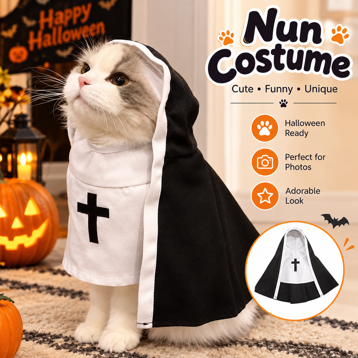 Cat Halloween Costume, Funny Nun Dress for Cats & Small Dogs