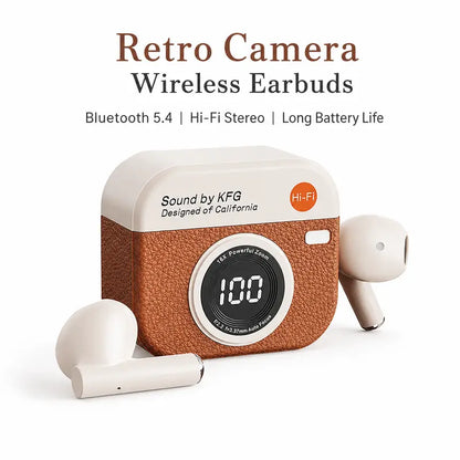 Retro Camera Wireless Earbuds! Bluetooth 5.4, ENC Noise Cancelling, Hi-Fi Stereo Sound