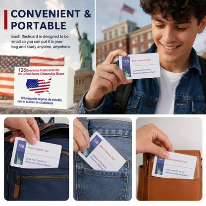Portable US Citizenship Flash Cards 2026, with 128 Civics Questions and English Literacy Content for Naturalization Test