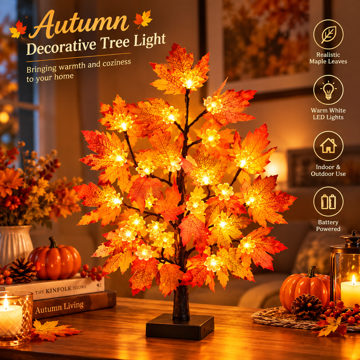 24 Inch Fall Maple Tree with 48LED Battery Operated Lighted Tabletop Artificial Tree with Pumpkin Acorn Maple Fall