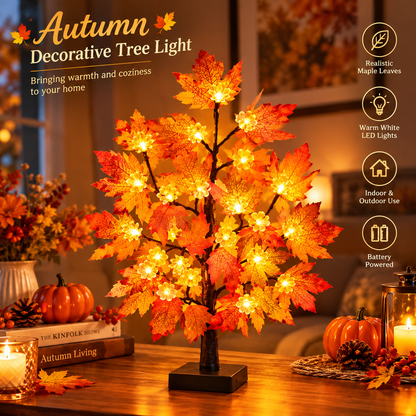 24 Inch Fall Maple Tree with 48LED Battery Operated Lighted Tabletop Artificial Tree with Pumpkin Acorn Maple Fall