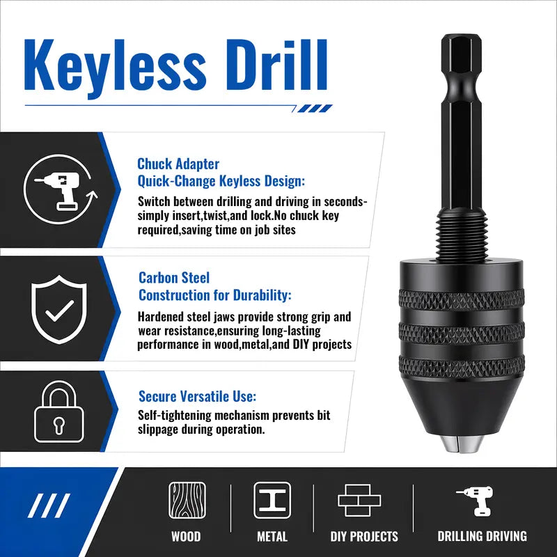 Keyless Drill Chuck Adapter Set, 1/4" Hex Shank Quick Change (0.3-8mm)