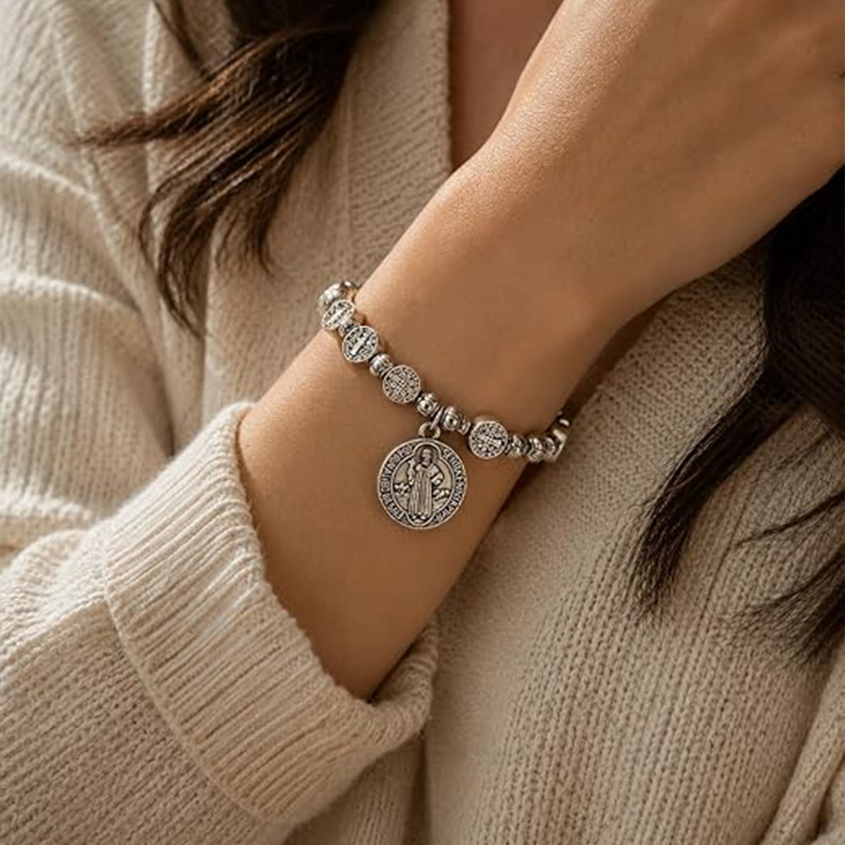 Catholic Rosary Metal Bracelet Saint Benedict Medal Bracelet for Men and Women Faith Baptism silvery