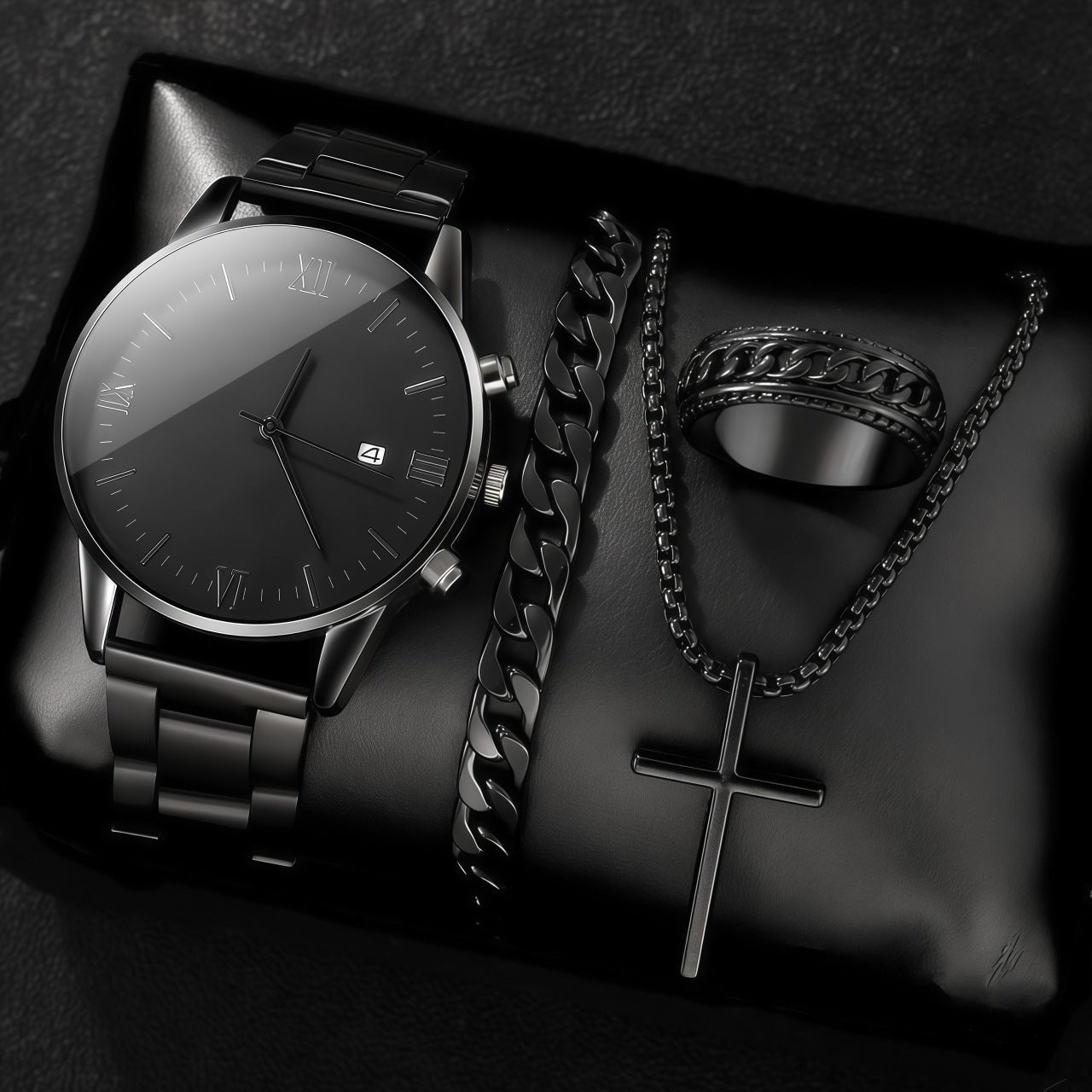 Men's 4-Piece Minimalist Quartz Watch Jewelry Set - Includes Bracelet, Necklace, Ring, Elegant Gift Box