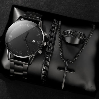 Men's 4-Piece Minimalist Quartz Watch Jewelry Set - Includes Bracelet, Necklace, Ring, Elegant Gift Box