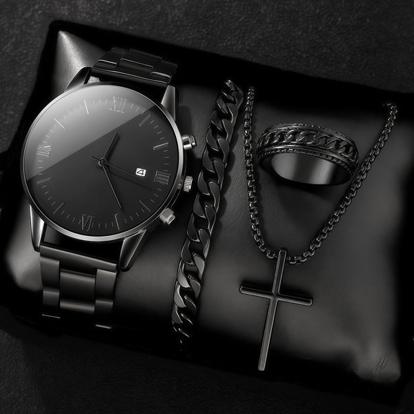 Men's 4-Piece Minimalist Quartz Watch Jewelry Set - Includes Bracelet, Necklace, Ring, Elegant Gift Box