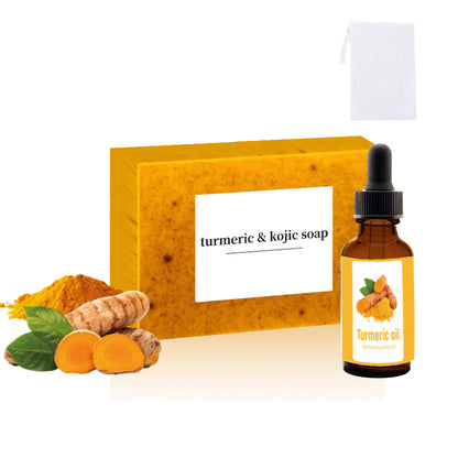 Kojic Acid & Turmeric Soap + All Natural Turmeric Skin Brightening Oil for Dark Spots - Cleanses Skin, Fights Acne, Evens Tone, Heals Scars