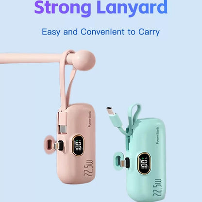 22.5W Fast Charging Mini Capsule Power Bank — 5000mAh Built-in Cables, LED Display