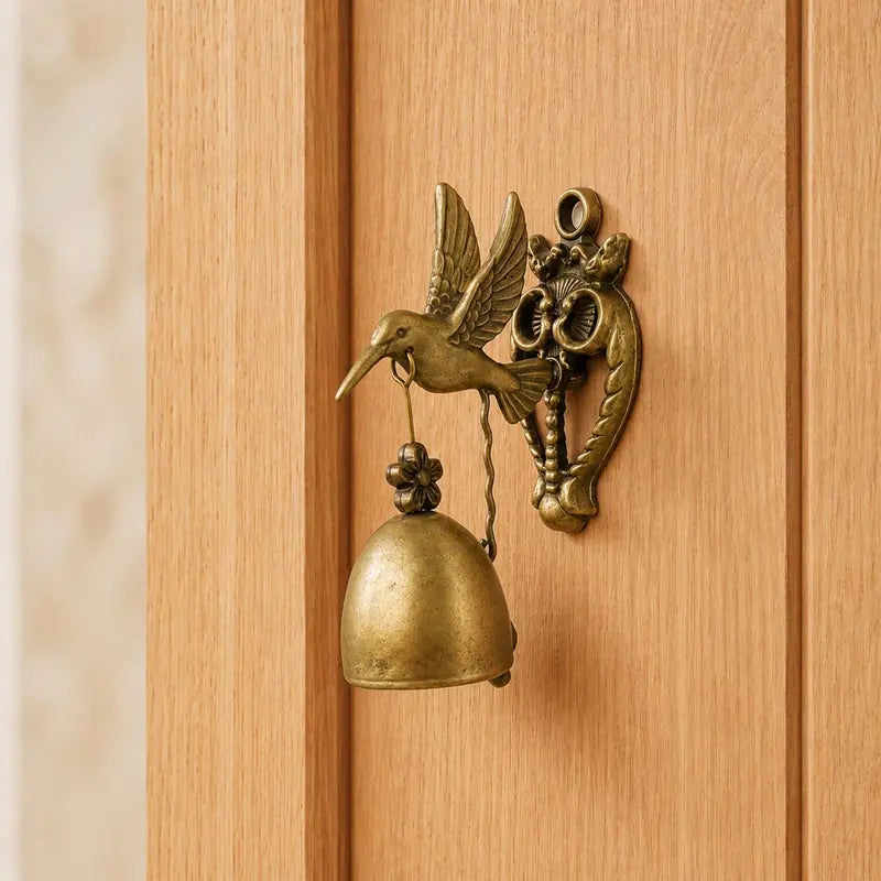 Vintage Hummingbird Doorbell, Wall-Mounted Antique Brass Metal Entry Bell