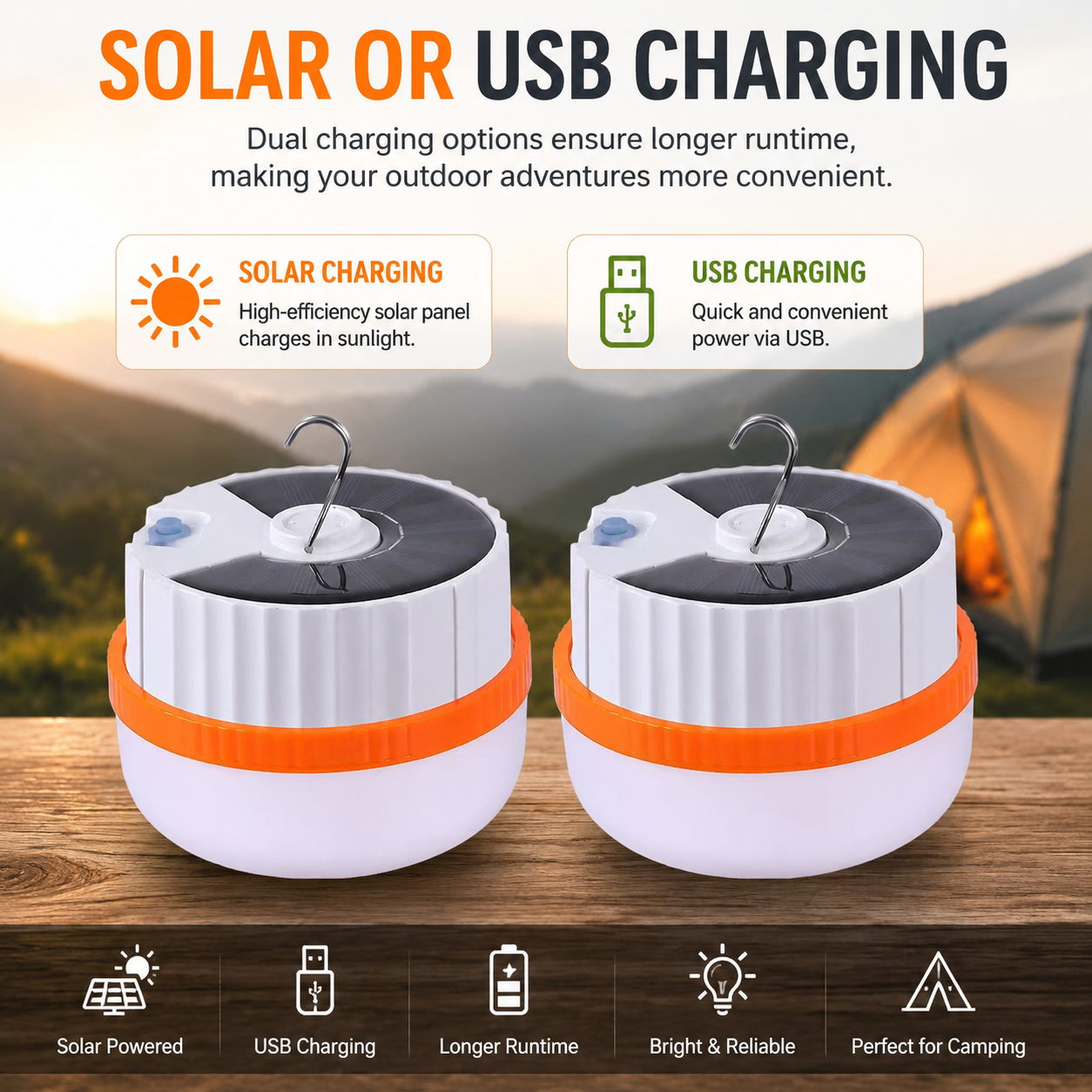 2Pcs Outdoor Solar LED Camping Gear: USB-Rechargeable Camping Light (Waterproof, Hanging Tent Light)