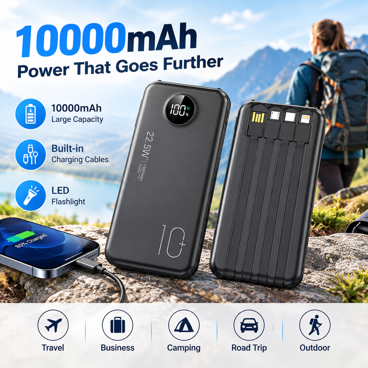 10000mAh Compact Portable Power Bank Charger - 22.5W Fast Charging Battery Power Bank with Built-in Cables