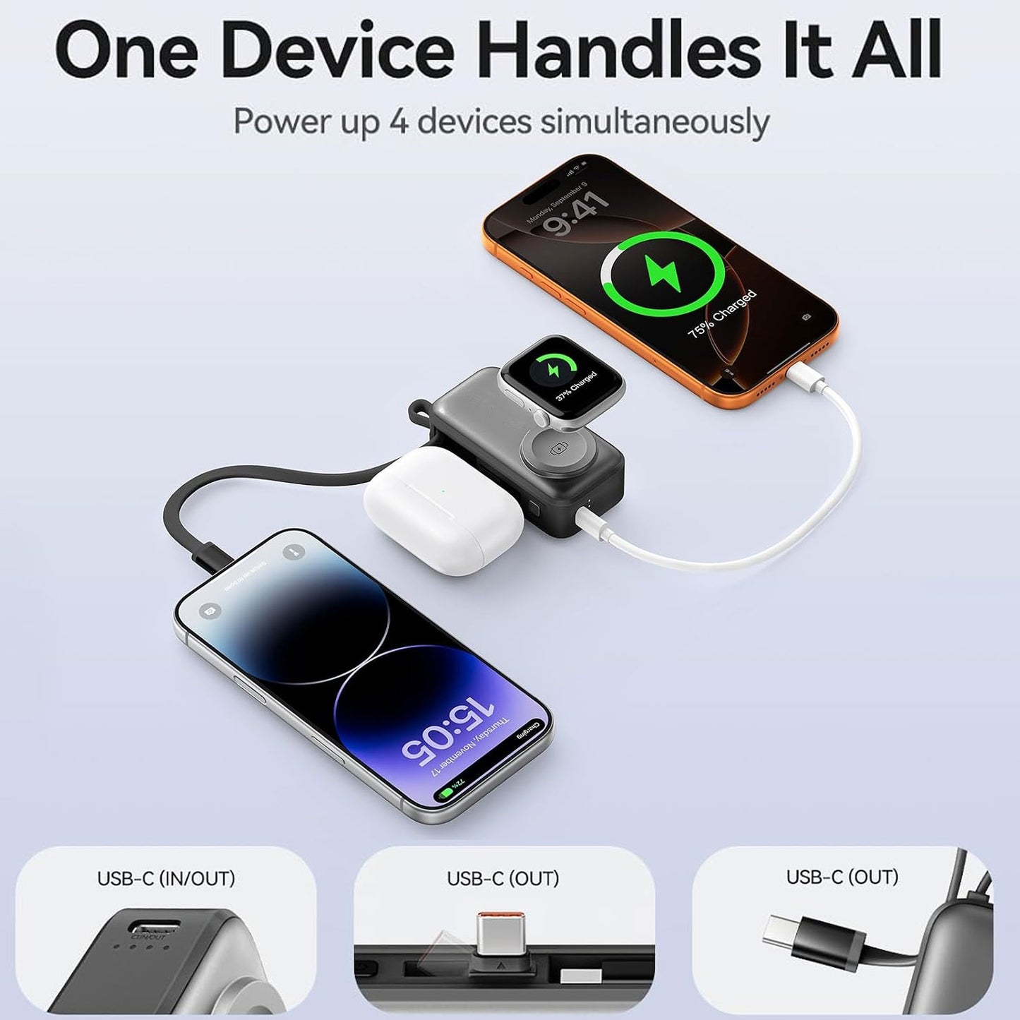 3-in-1 5000mAh Portable Charger with Built-in USB-C Cable | Mini Power Bank for Apple Watch