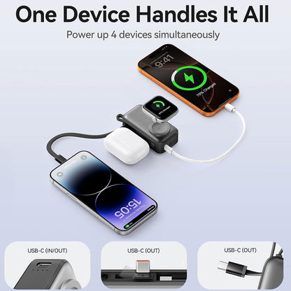 3-in-1 5000mAh Portable Charger with Built-in USB-C Cable | Mini Power Bank for Apple Watch