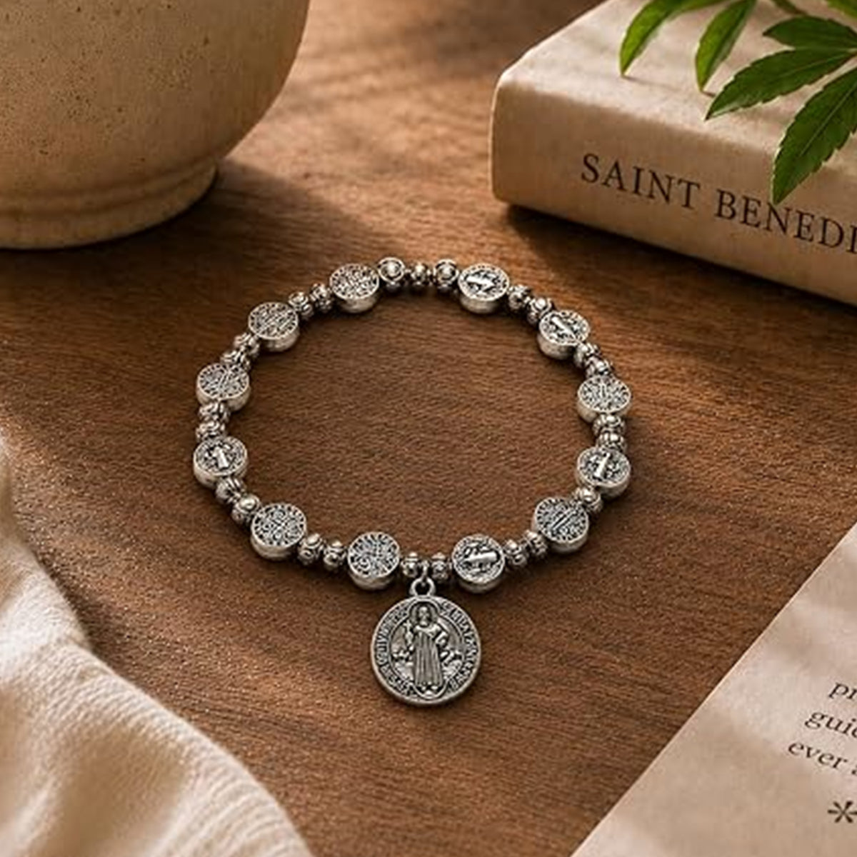 Catholic Rosary Metal Bracelet Saint Benedict Medal Bracelet for Men and Women Faith Baptism silvery