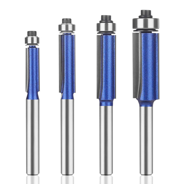 4 Piece Dual Bearing Flush Trim Router Bit Set, 1/4 Inch Shank Edge Trimming Tool for Woodworking, Deburring & Polishing