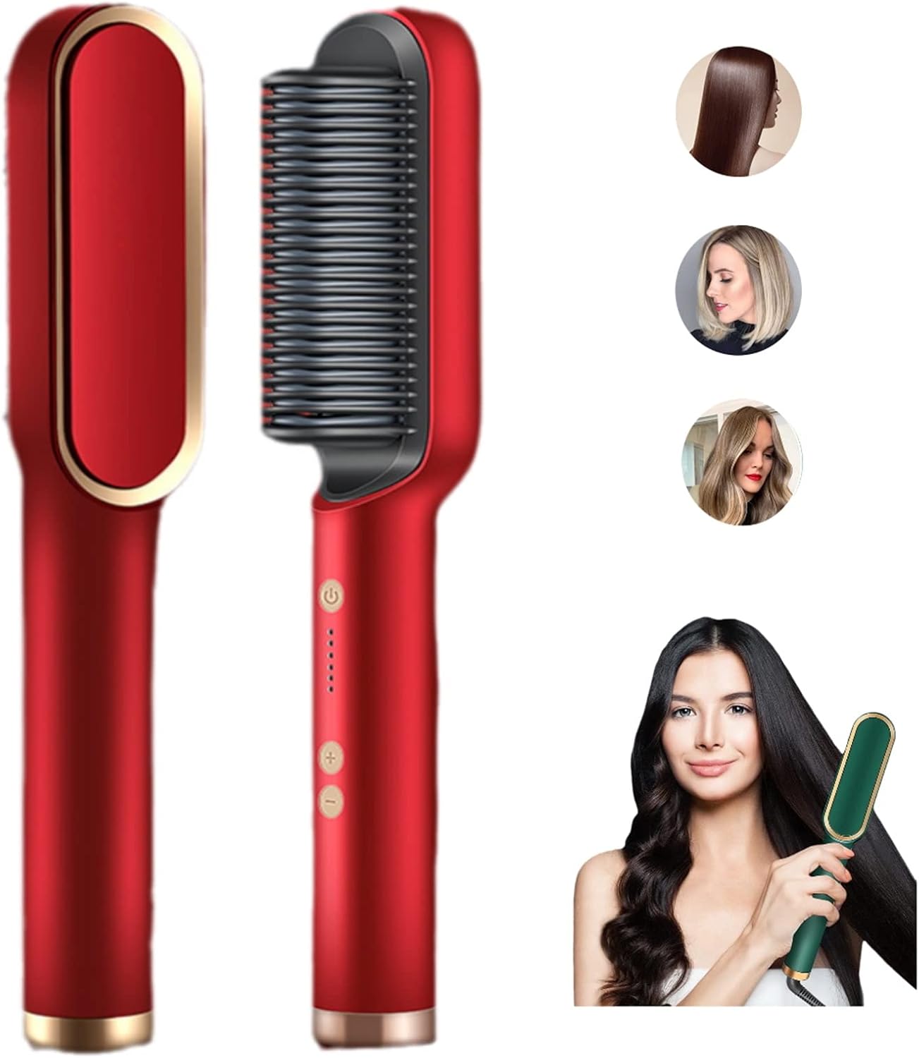Negative Ion Hair Straightener Styling Comb with 5 Temp, 2 in 1 Brush and Curler 10s Fast Heating Anti-Scald