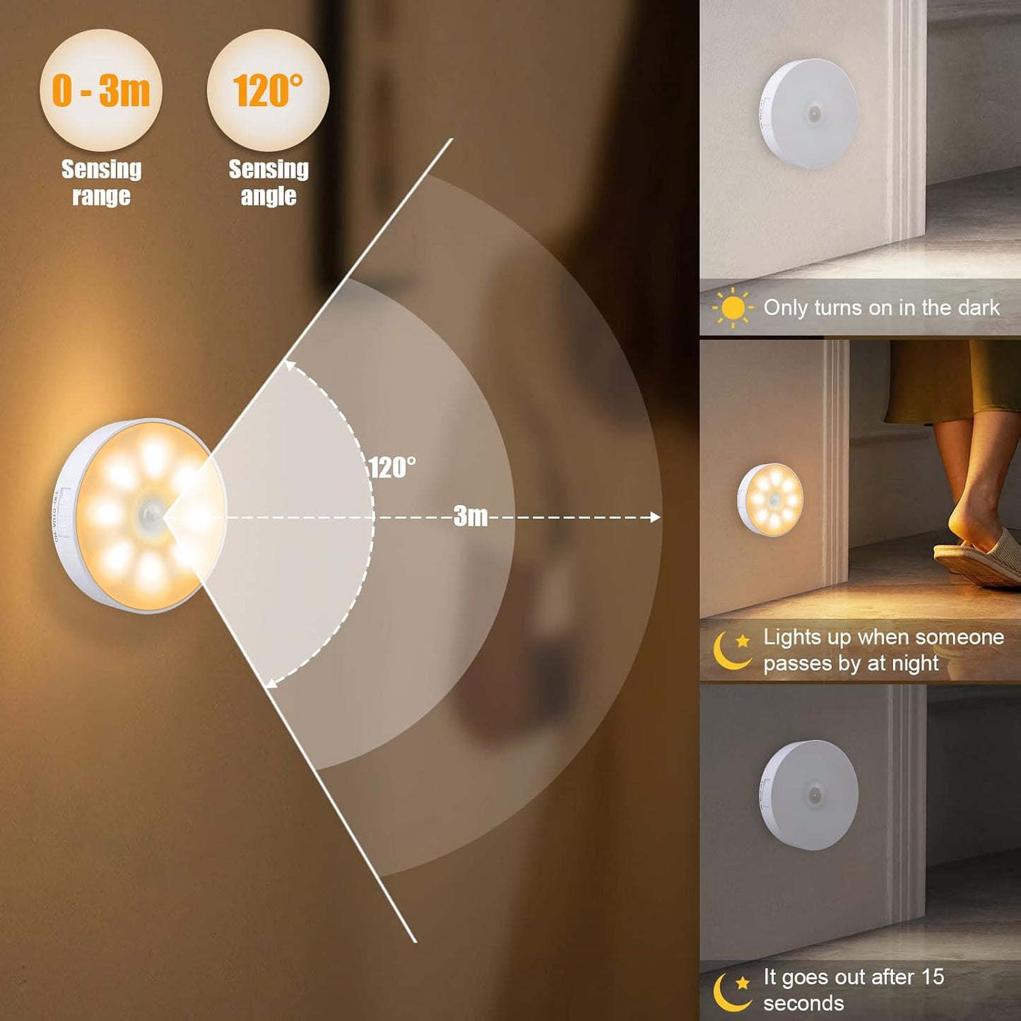 4Pcs Motion Sensor Light Indoor, Night Light(3000K ) | 8 LEDs, USB Rechargeable, 3 Light Modes, 400 mAh Battery