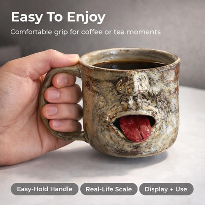 Handmade Face Shaped Ceramic Mug, Funny Tongue Out Coffee Cup with Artistic Sculptural Design