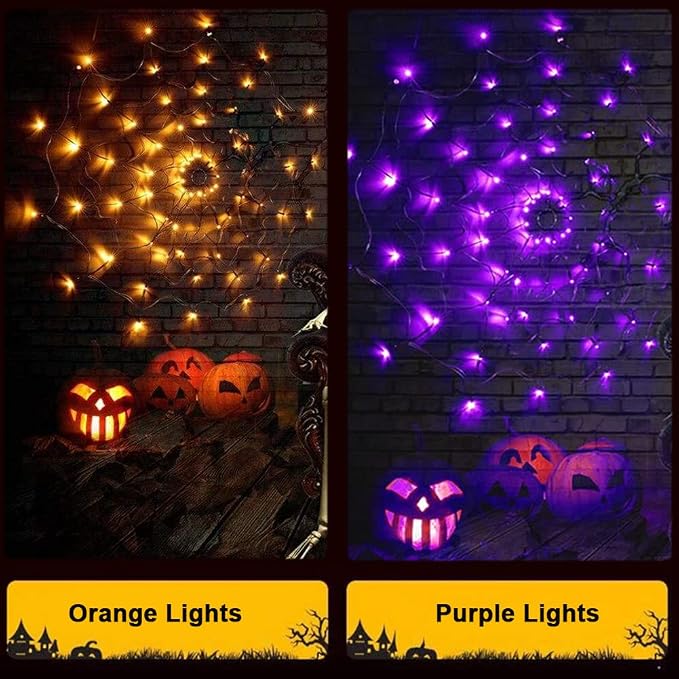 Halloween Decorations Spider Web Lights - 4FT Diameter 70 LEDs with Black Spider, Remote Control
