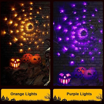 Halloween Decorations Spider Web Lights - 4FT Diameter 70 LEDs with Black Spider, Remote Control